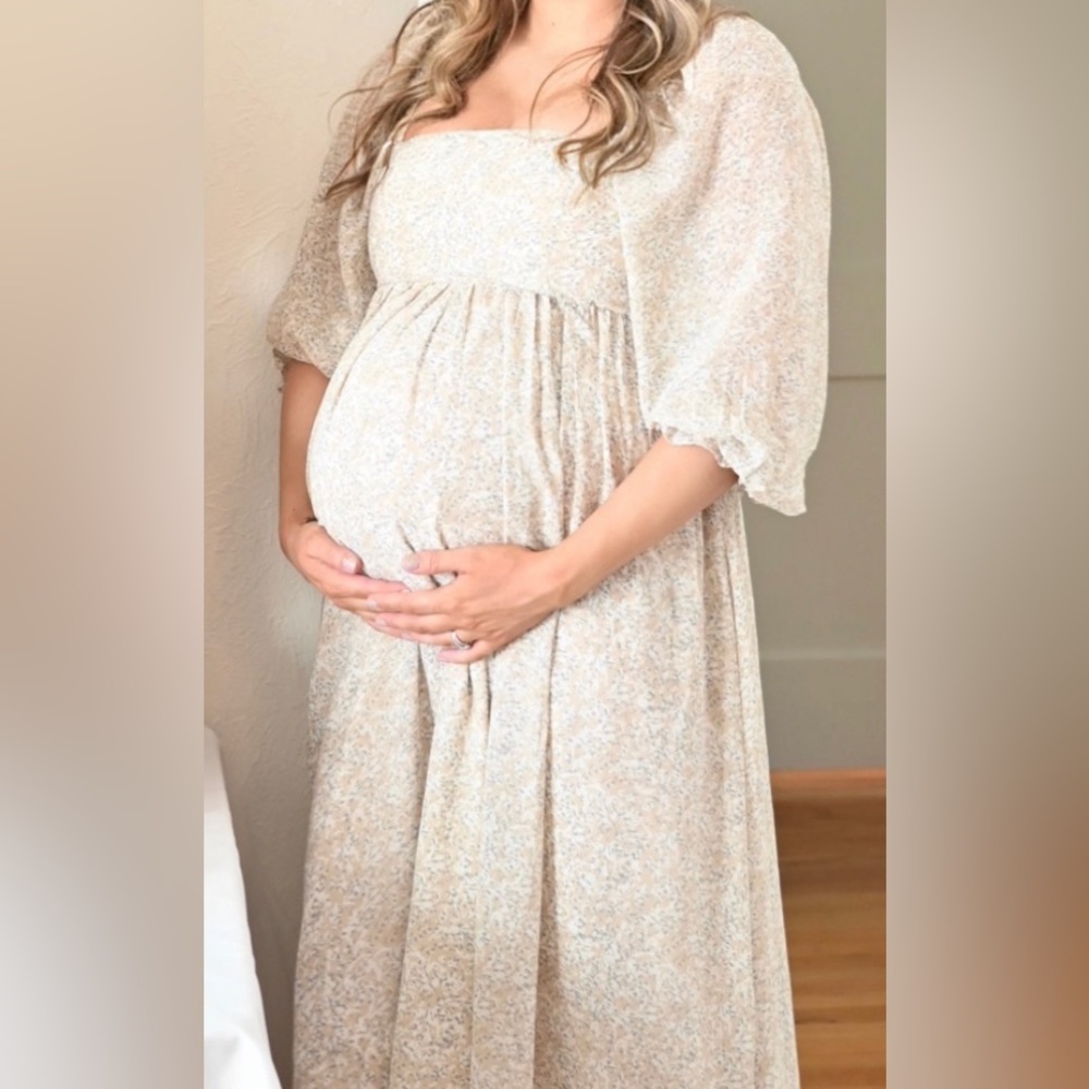 Maternity empire waist lantern sleeve ditsy floral midi dress